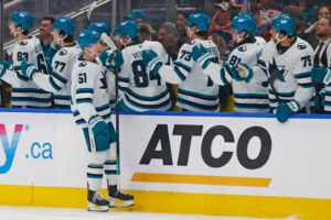 The San Jose Sharks celebrate a goal scored by forward Colin Graf.