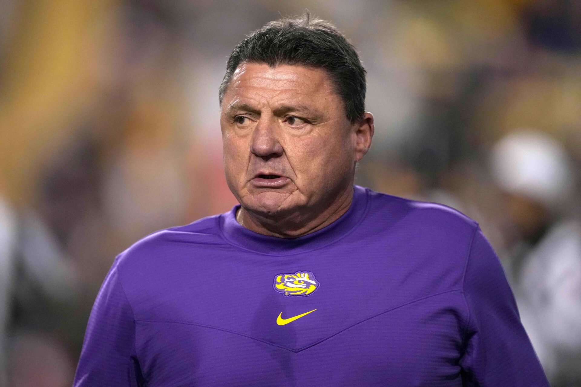 LSU Tigers head coach Ed Orgeron reacts in the first half against the Arkansas Razorbacks at Tiger Stadium.