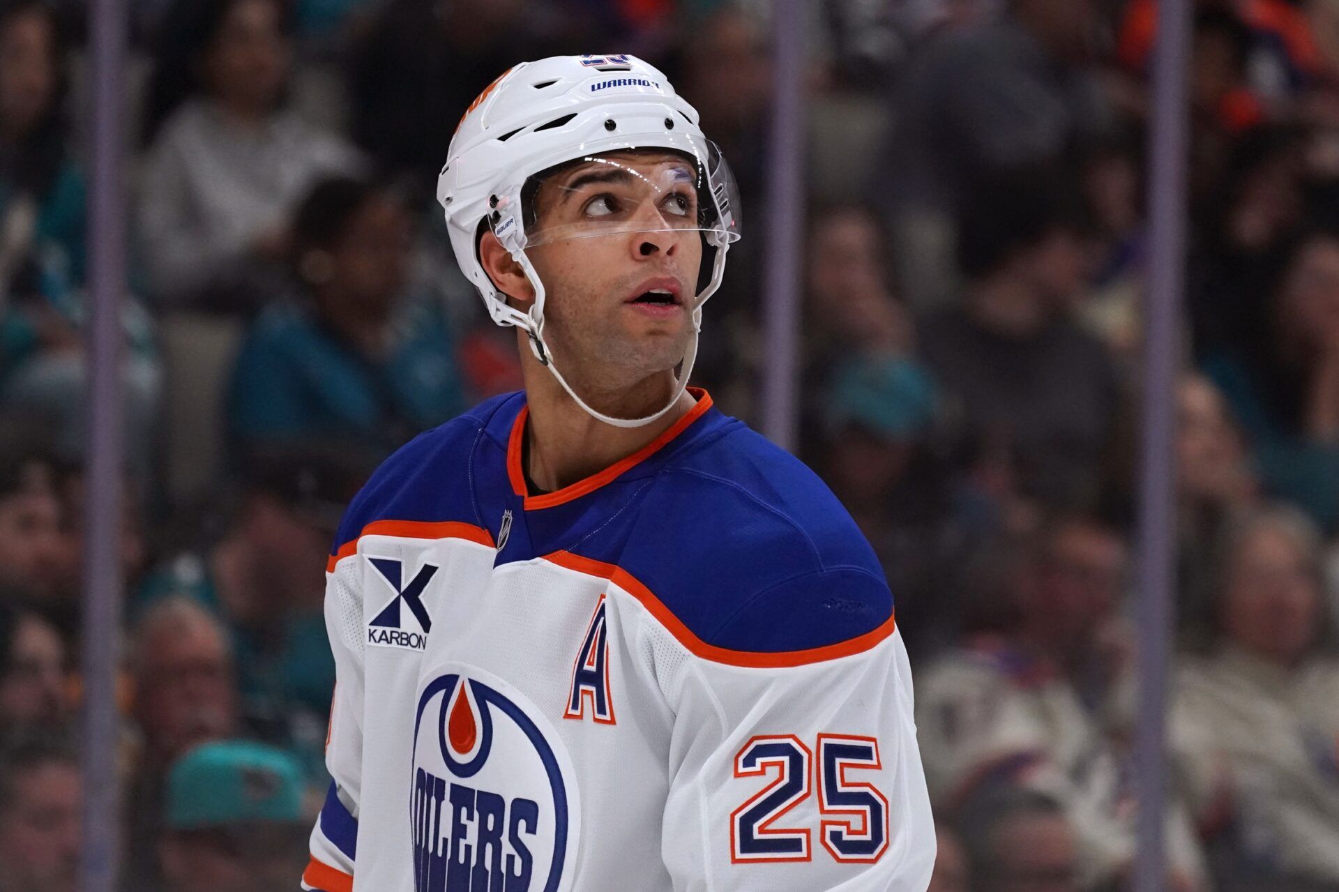 Edmonton Oilers defenseman Darnell Nurse (25) looks up at the scoreboard during a break in the action against the San Jose Sharks during the second period at SAP Center at San Jose.