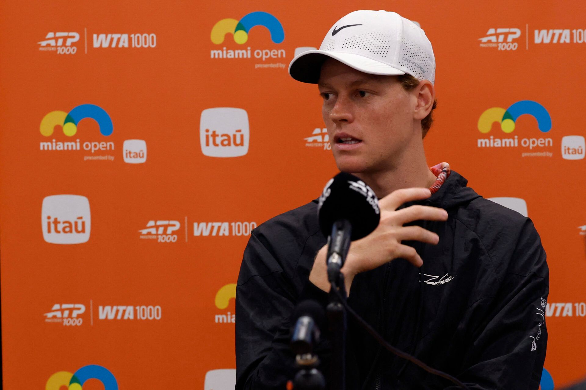 Jannik Sinner (ITA) speaks during his media availability on day 2 of the 2026 Miami Open at Hard Rock Stadium.
