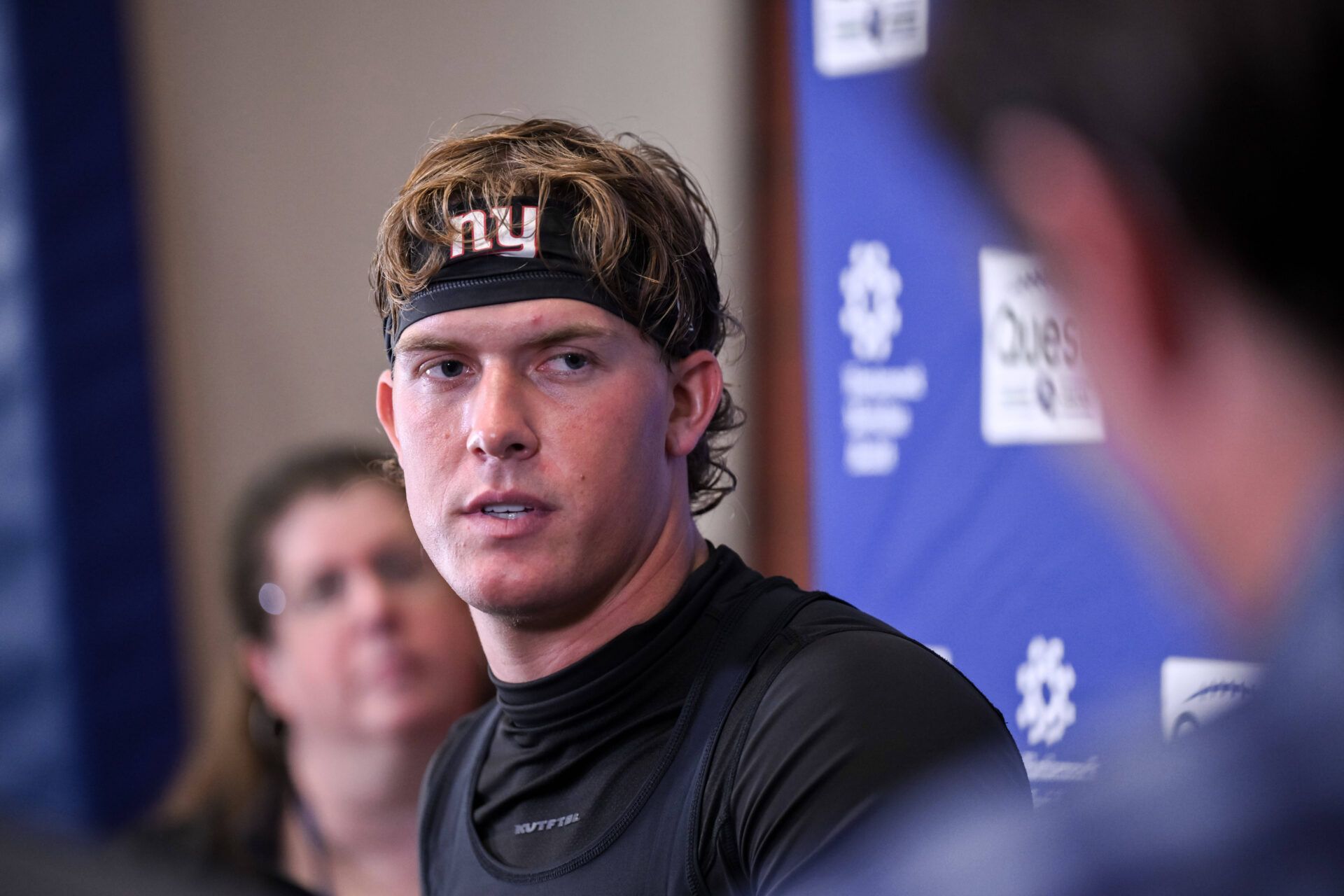 New York Giants quarterback Jaxson Dart (6) speaks at a press conference during organized team activities at Quest Diagnostics Training Center.