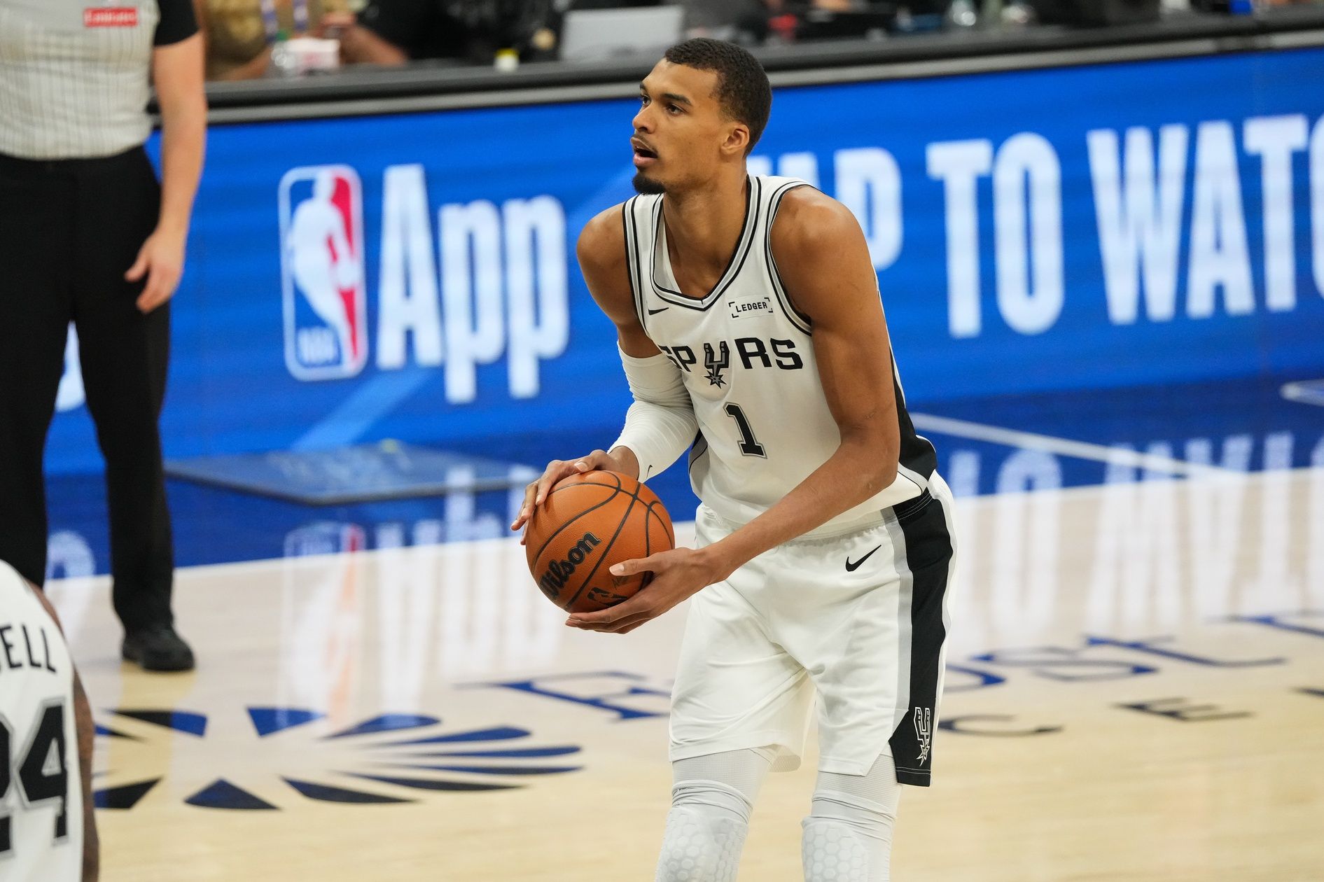 San Antonio Spurs center Victor Wembanyama (1) shoots a free throw in the third quarter against the Oklahoma City Thunder during game four of the western conference finals for the 2026 NBA playoffs at Frost Bank Center.