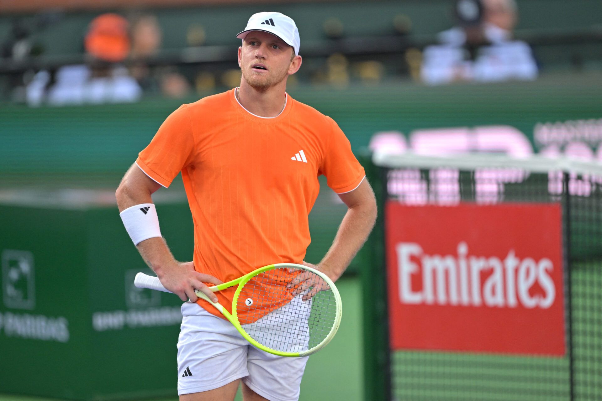 Alejandro Davidovich Fokina (ESP) reacts after missing a shot during his fourth round match against  Learner Tien (USA) in the BNP Paribas Open at the Indian Wells Tennis Garden.