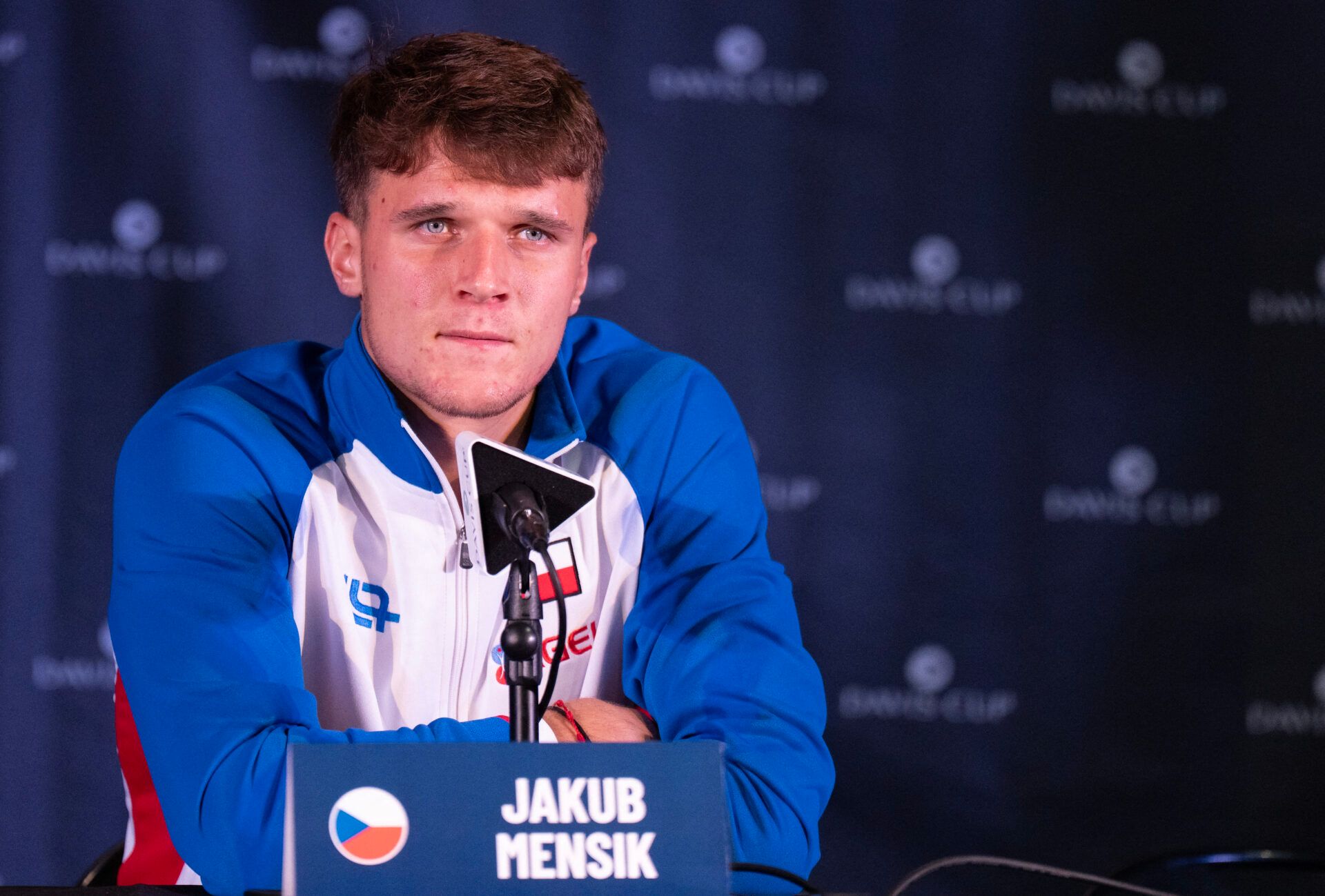 Jakub Mensik of Czechia at his press conference following his match against Taylor Fritz of the United States in the second rubber of the Davis Cup tie between the USA and Czechia at Delray Beach Tennis Center.