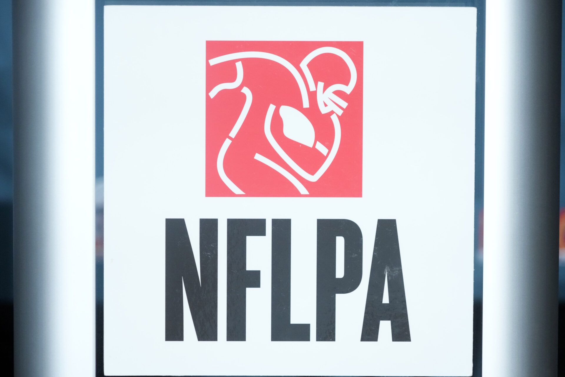 The NFLPA logo at press conference at the Super Bowl LIX media center at the  Ernest N. Morial Convention Center.