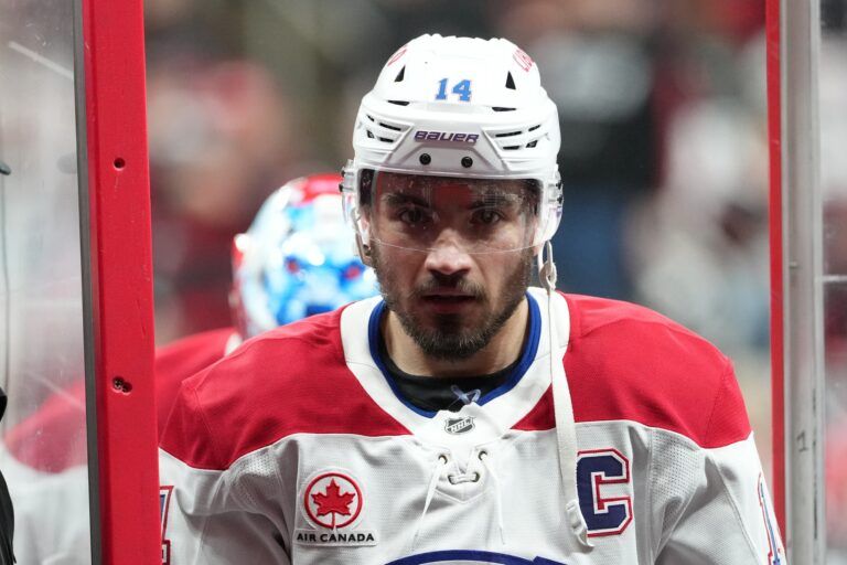 Montréal Canadiens center Nick Suzuki (14) leaves the ice after warms up before a game against the before the game against the Carolina Hurricanes in game two of the Eastern Conferene Final of the 2026 Stanley Cup Playoffs at Lenovo Center.