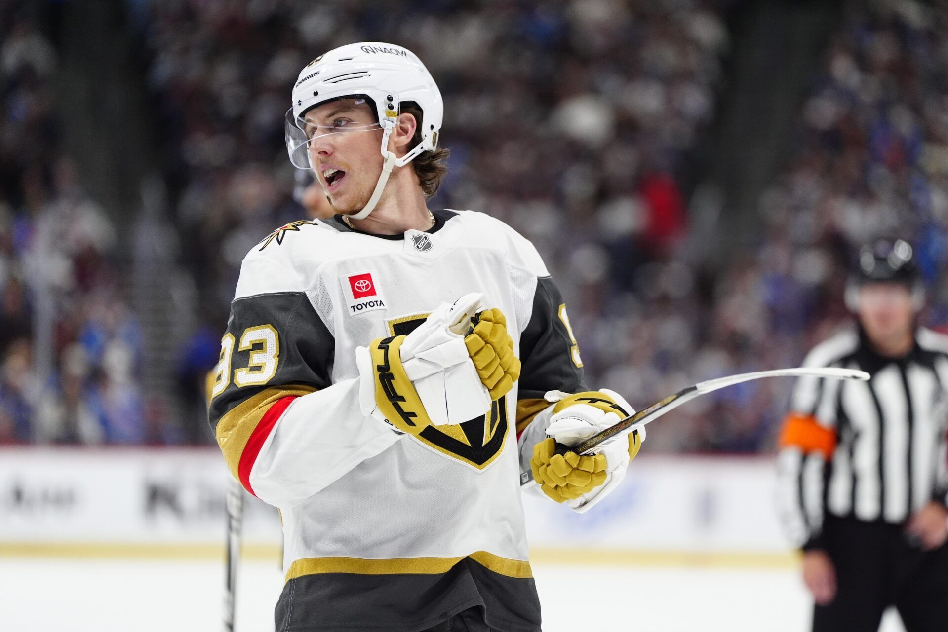 Vegas Golden Knights right wing Mitch Marner (93) skates on the ice during the third period against the Colorado Avalanche in game two of the Western Conference Final of the 2026 Stanley Cup Playoffs at Ball Arena.