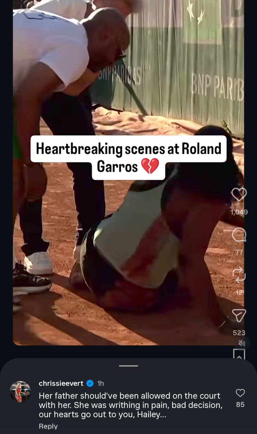 Screengrab of Chris Evert's Comment