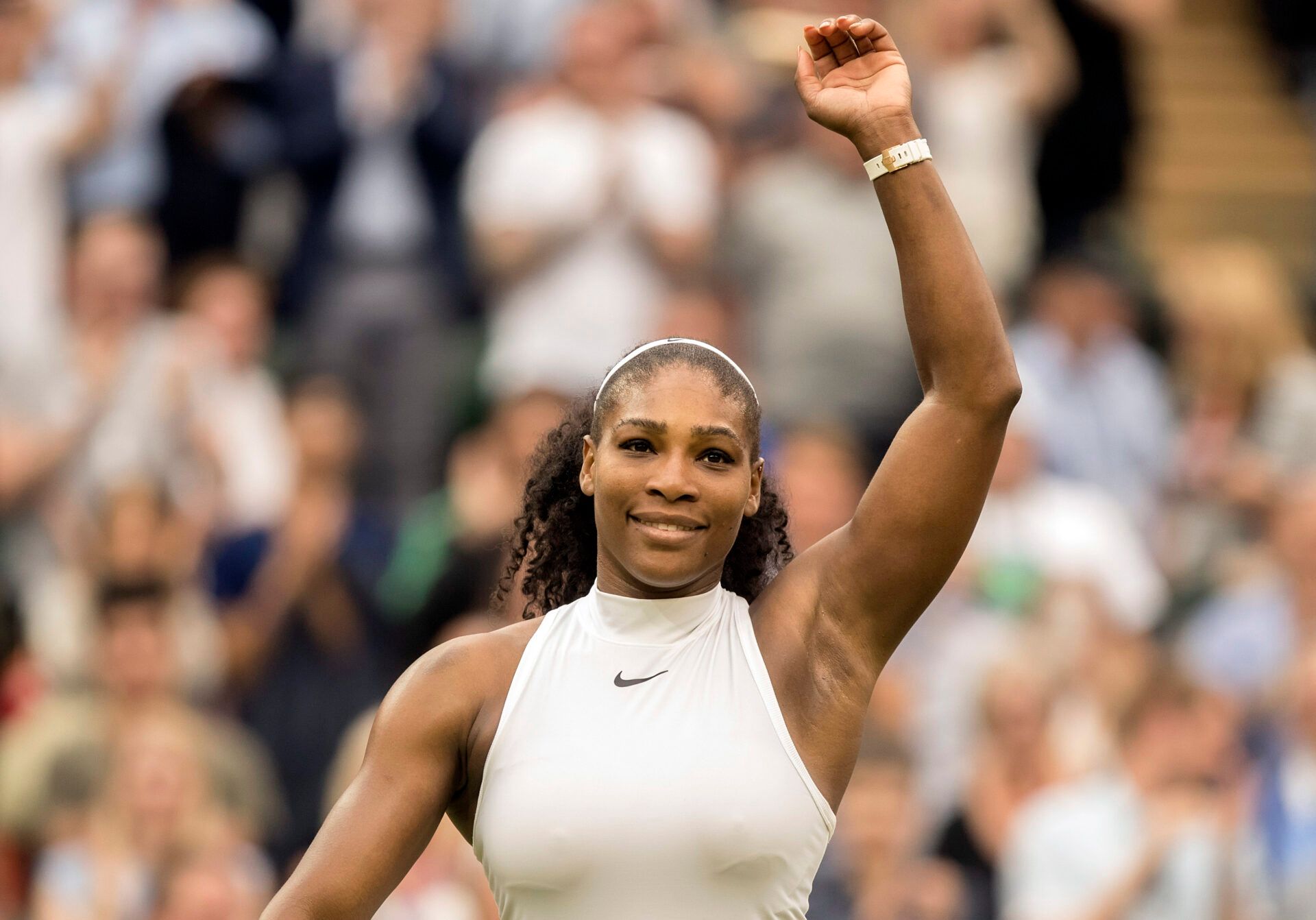 Serena Williams (USA) celebrates match point during her match against Svetlana Kuznetsova (RUS) on day eight of the 2016 The Championships Wimbledon.