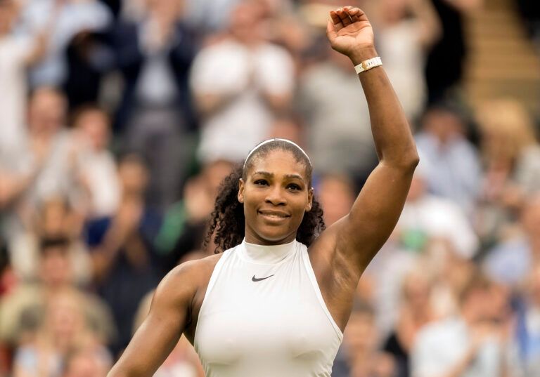 Serena Williams (USA) celebrates match point during her match against Svetlana Kuznetsova (RUS) on day eight of the 2016 The Championships Wimbledon.