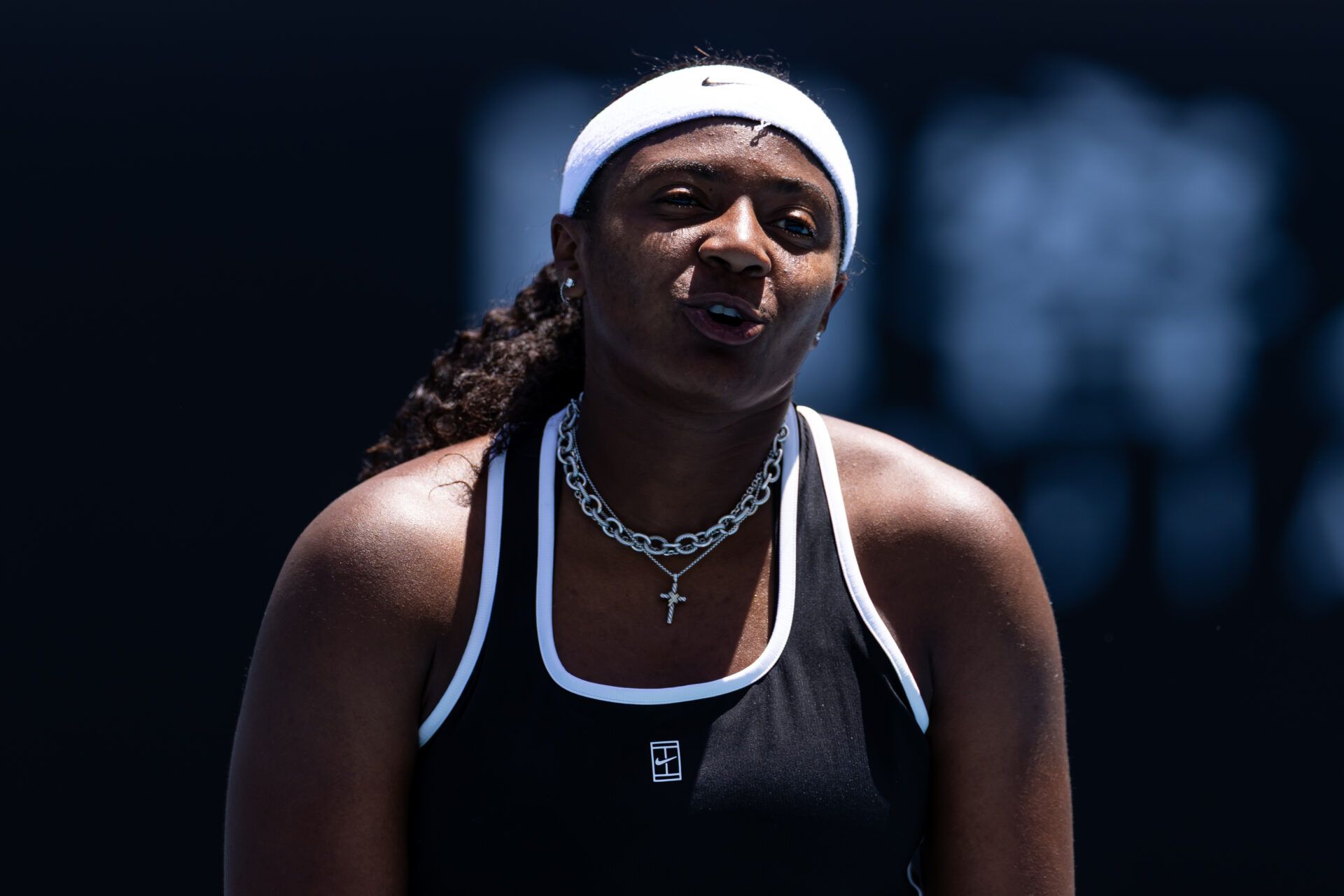 Hailey Baptiste of United States in action against Storm Hunter of Australia in the second round of the women’s singles at the Australian Open at ANZ Arena in Melbourne Park.
