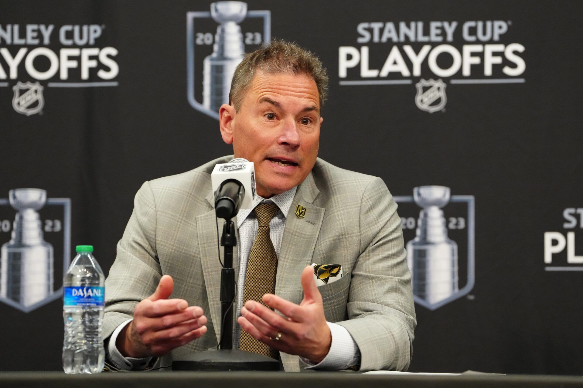 Vegas Golden Knights head coach Bruce Cassidy fields questions in a press conference after the Edmonton Oilers defeated the Golden Knights in game two of the second round of the 2023 Stanley Cup Playoffs at T-Mobile Arena.