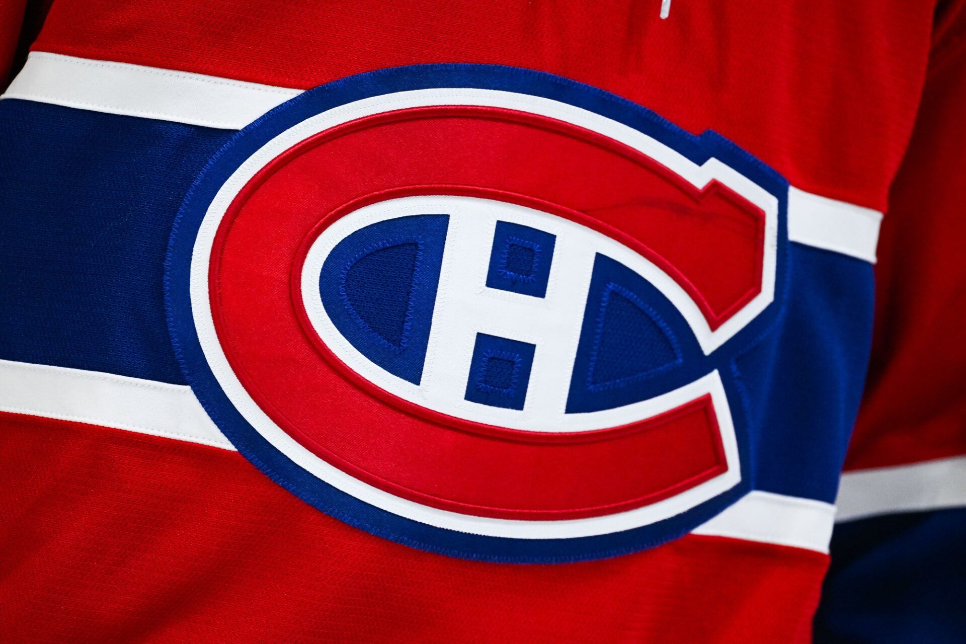 View of a Montreal Canadiens logo on a jersey worn by a member of the team  during the second period at Bell Centre.