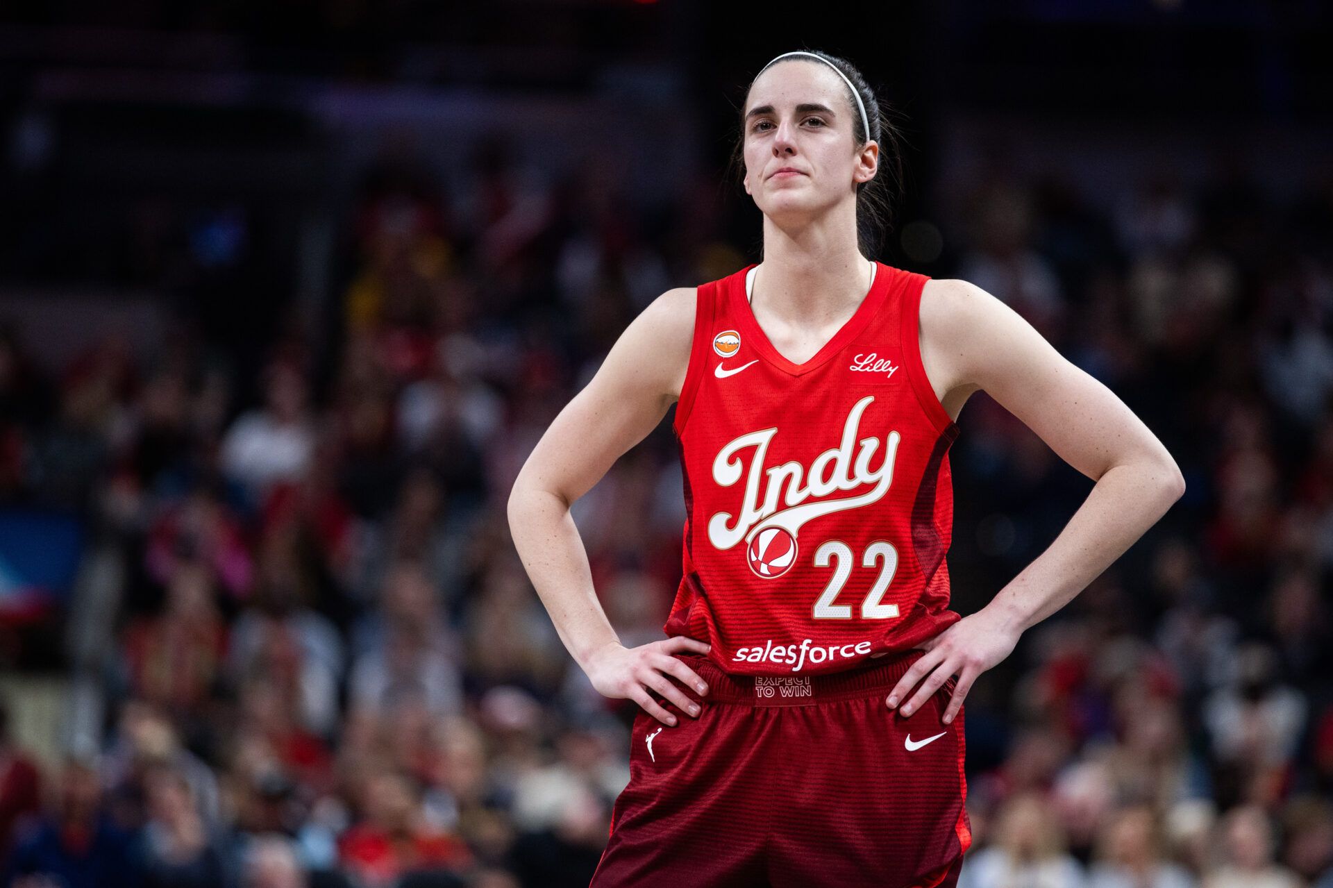 Indiana Fever guard Caitlin Clark (22) in the first half against the Golden State Valkyries at Gainbridge Fieldhouse.