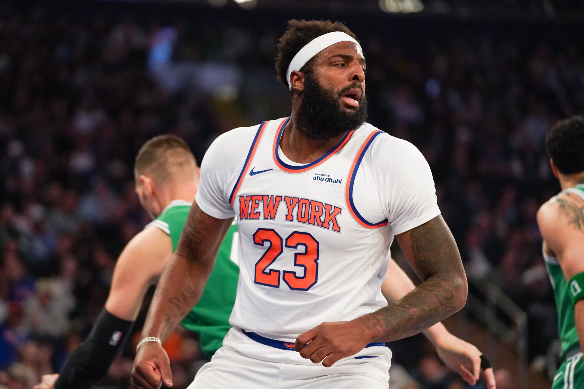 New York Knicks center Mitchell Robinson (23) reacts after scoring during the first half against the Boston Celtics at Madison Square Garden.