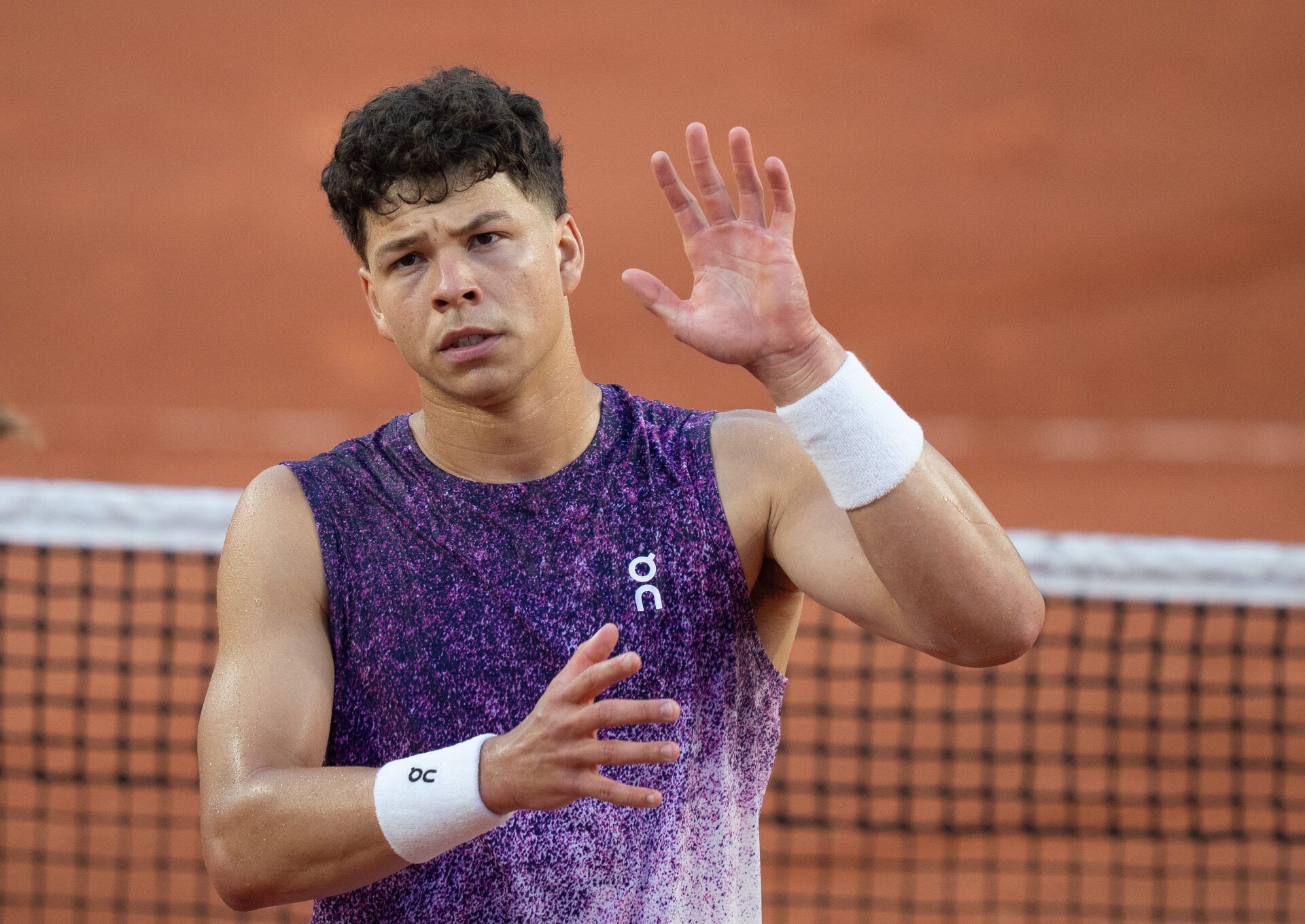Ben Shelton of the United States celebrates winning his first round match against Daniel Merida of Spain (not pictured) on day two at Stade Roland Garros.