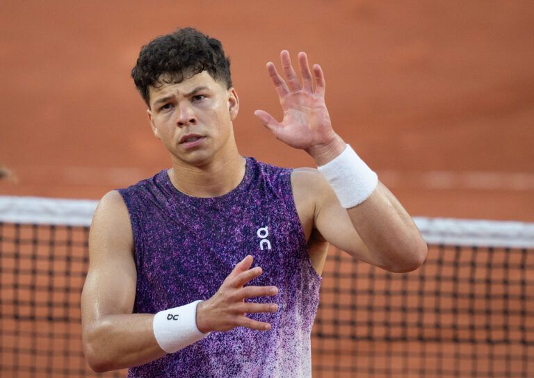 Ben Shelton of the United States celebrates winning his first round match against Daniel Merida of Spain (not pictured) on day two at Stade Roland Garros.