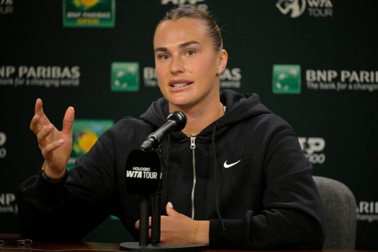 Aryna Sabalenka (BEL) talks to media during a news conference during the BNP Paribas Open at the Indian Well Tennis Garden.