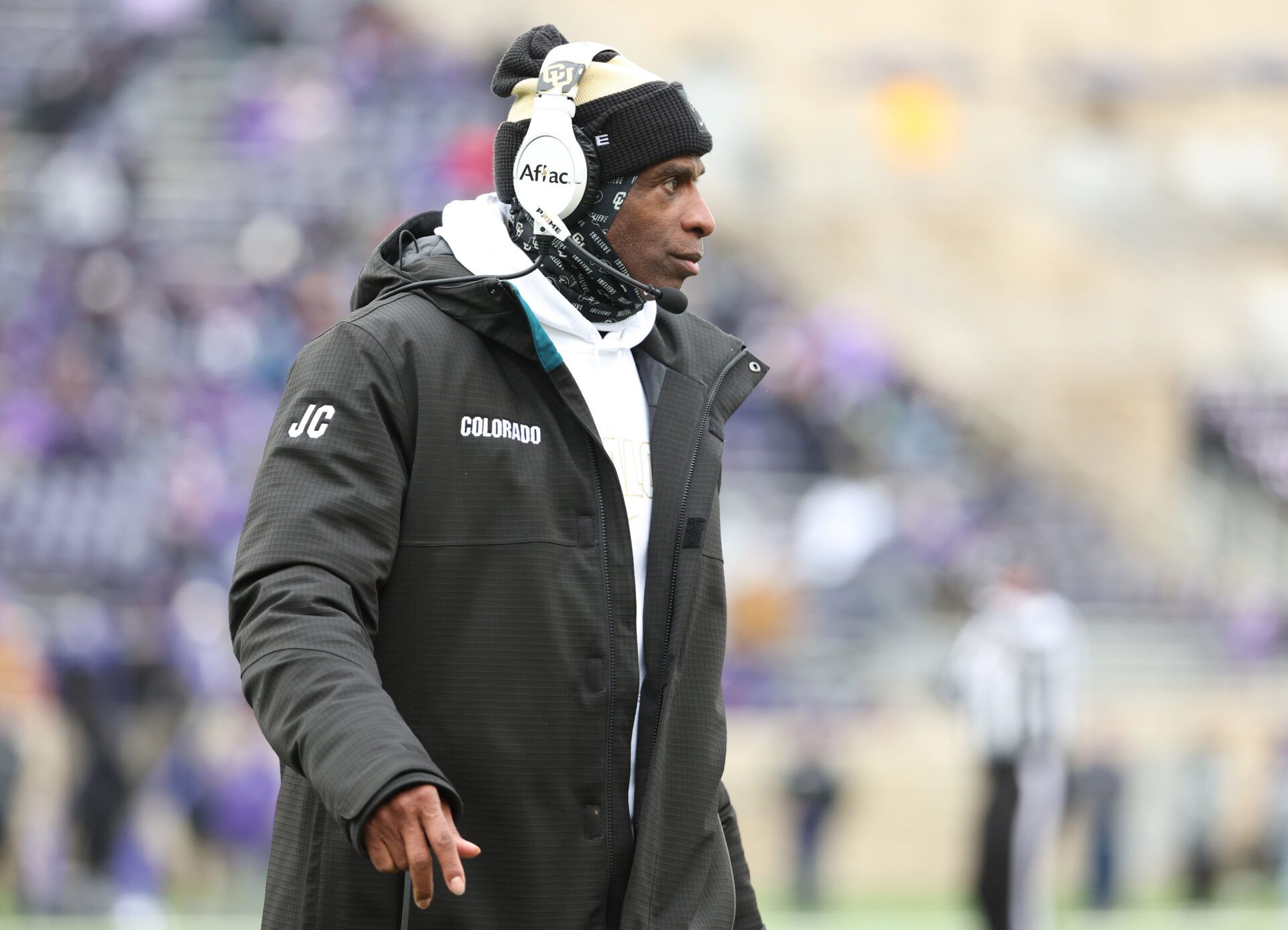 Colorado Buffaloes head coach Deion Sanders looks on during the second quarter against the Kansas State Wildcats at Bill Snyder Family Football Stadium.