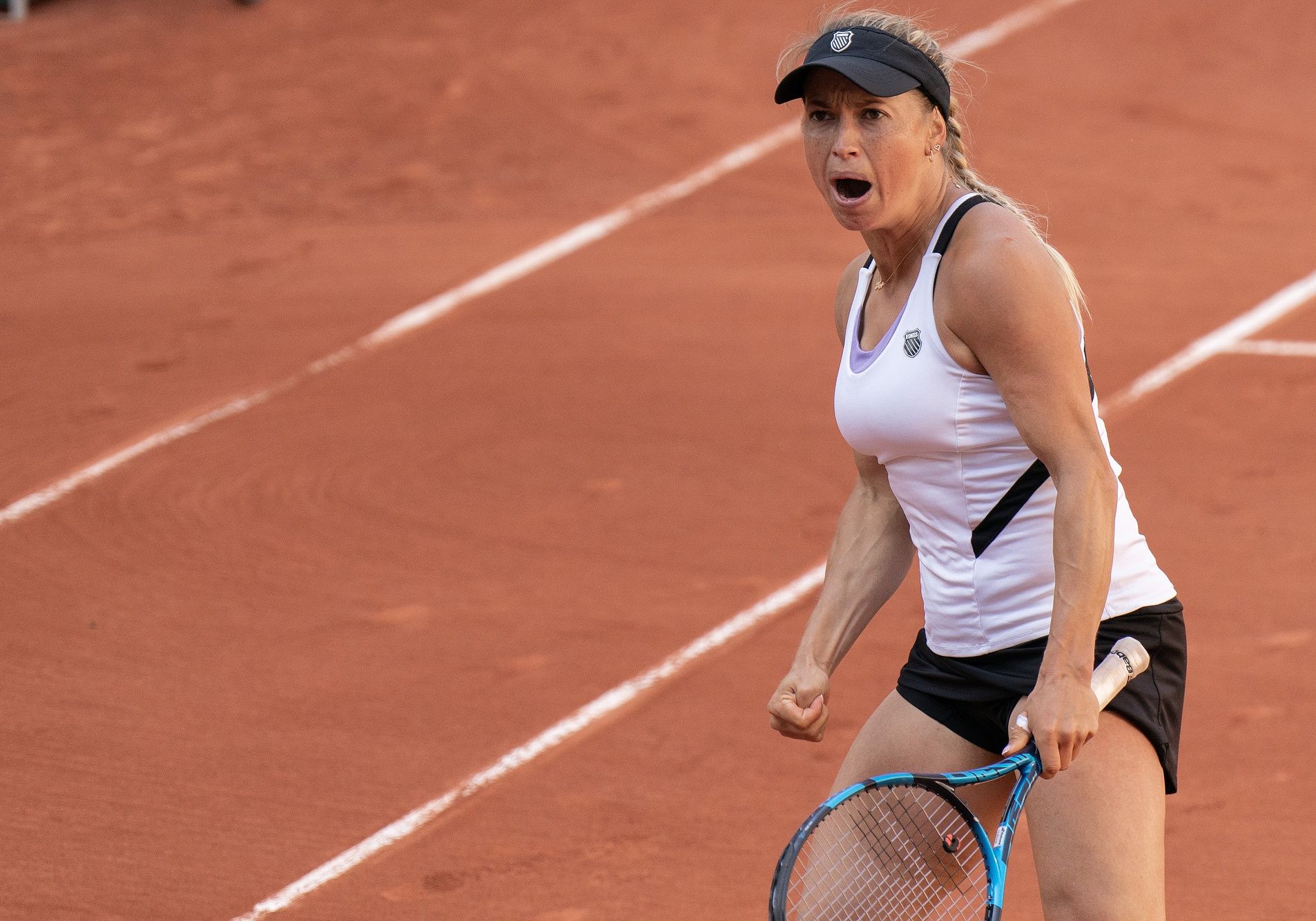 Yulia Putintseva (KAZ) reacts to a point during her match against Sloane Stephens (USA) on day six at Stade Roland-Garros.
