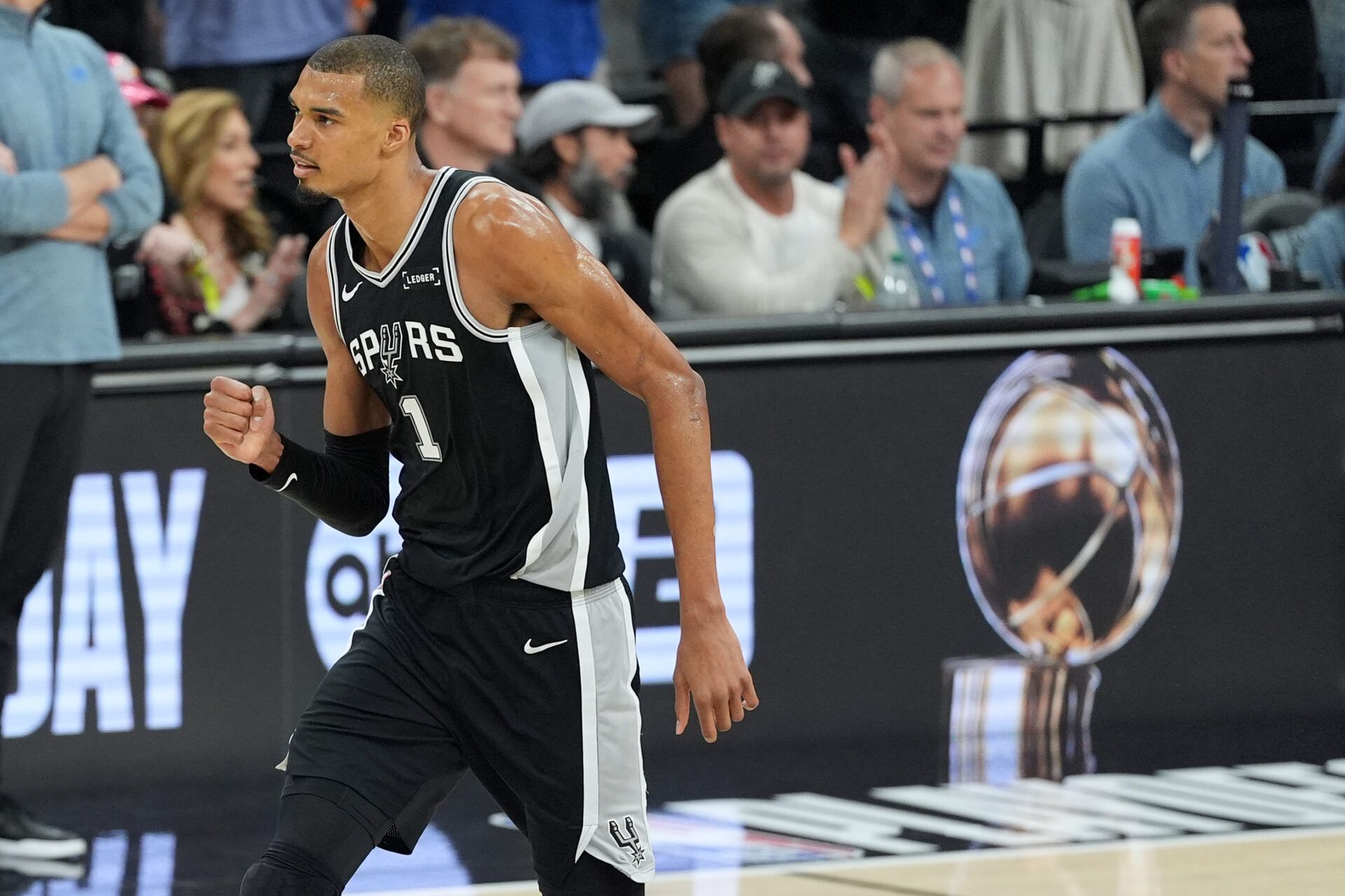 San Antonio Spurs forward Victor Wembanyama (1) reacts in the first half during game six of the western conference finals for the 2026 NBA playoffs at Frost Bank Center.