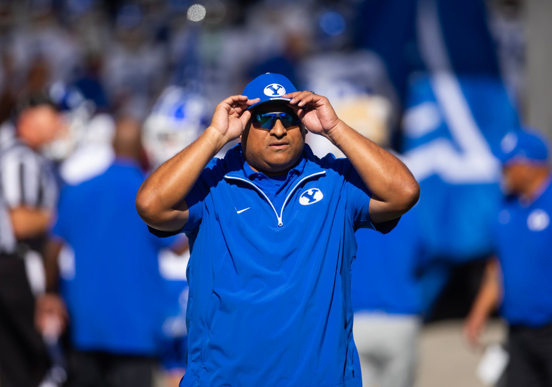 Brigham Young Cougars head coach Kalani Sitake against the Arizona State Sun Devils at Mountain America Stadium.
