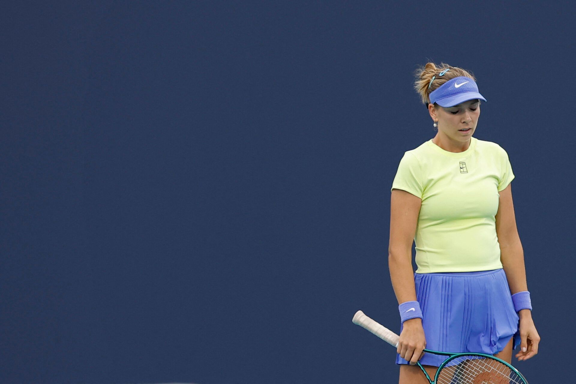 Katie Boulter (GBR) reacts after missing a shot against Jessica Bouzas Maneiro (ESP)(not pictured) on day 1 of the 2026 Miami Open at Hard Rock Stadium.