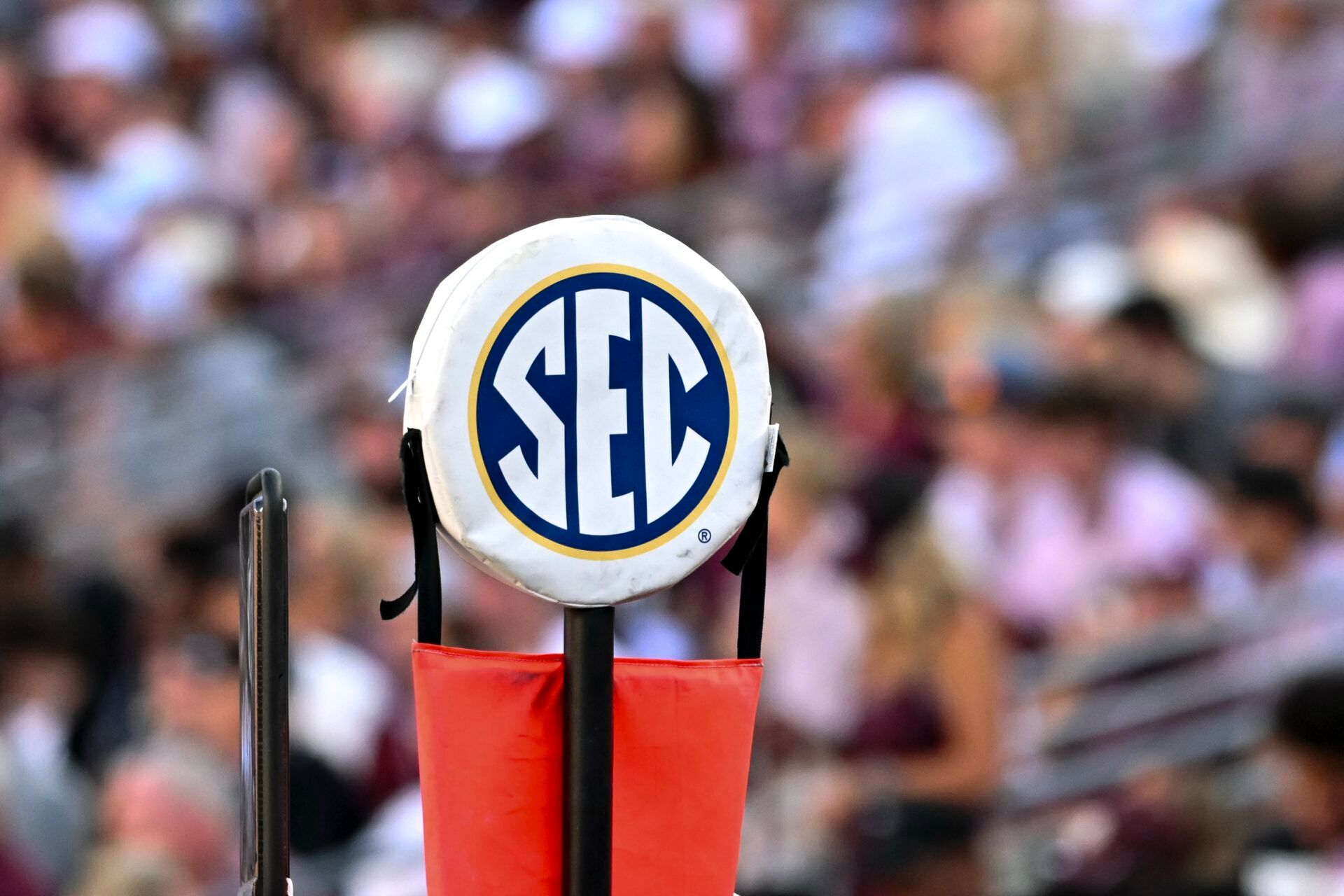 A detail view of the SEC logo on a chain marker during the game between the Texas A&M Aggies and the Auburn Tigers at Kyle Field.
