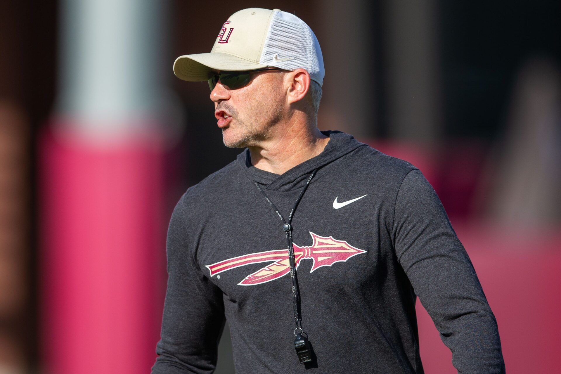 Florida State head coach Mike Norvell leads practice Thursday, April 9, 2026.