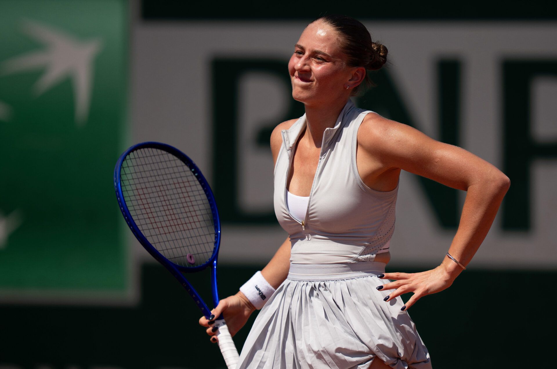 Marta Kostyuk of Ukraine reacts during her match against Katie Volynets of the United States on day four at Stade Roland Garros.
