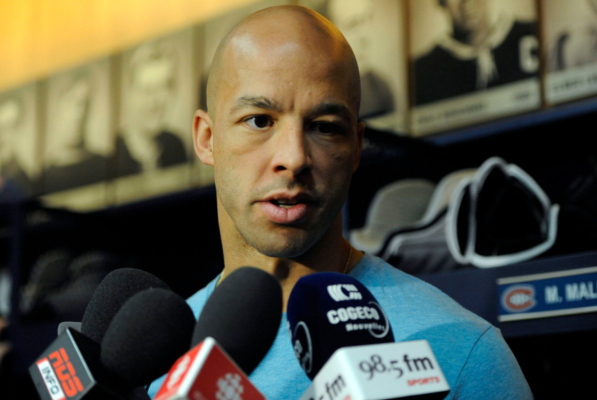 Manny Malhotra faces the media during a press conference at the Bell Sports Complex.
