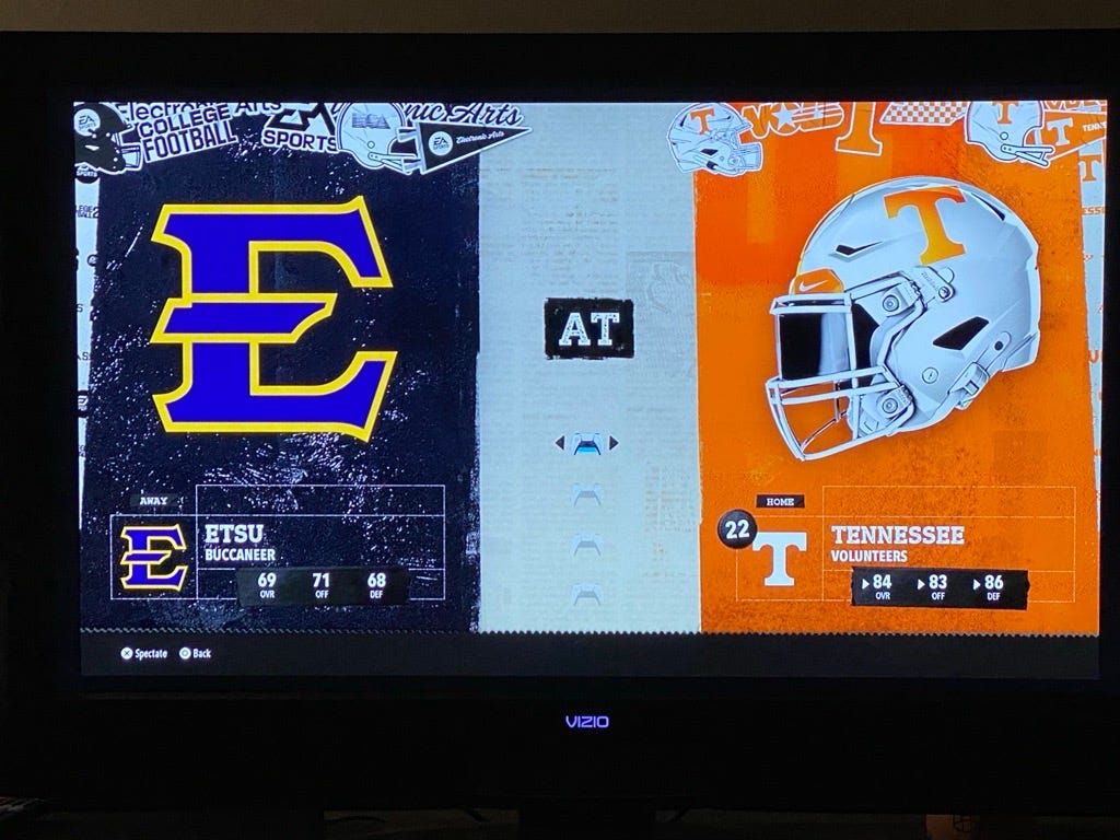 Ahead of this week's matchup, we had to do something a little different to simulate the Tennessee Volunteers hosting the East Tennessee State University Buccaneers in EA Sports College Football 26. We downloaded two fan-made teams and split the 100 simulations.
