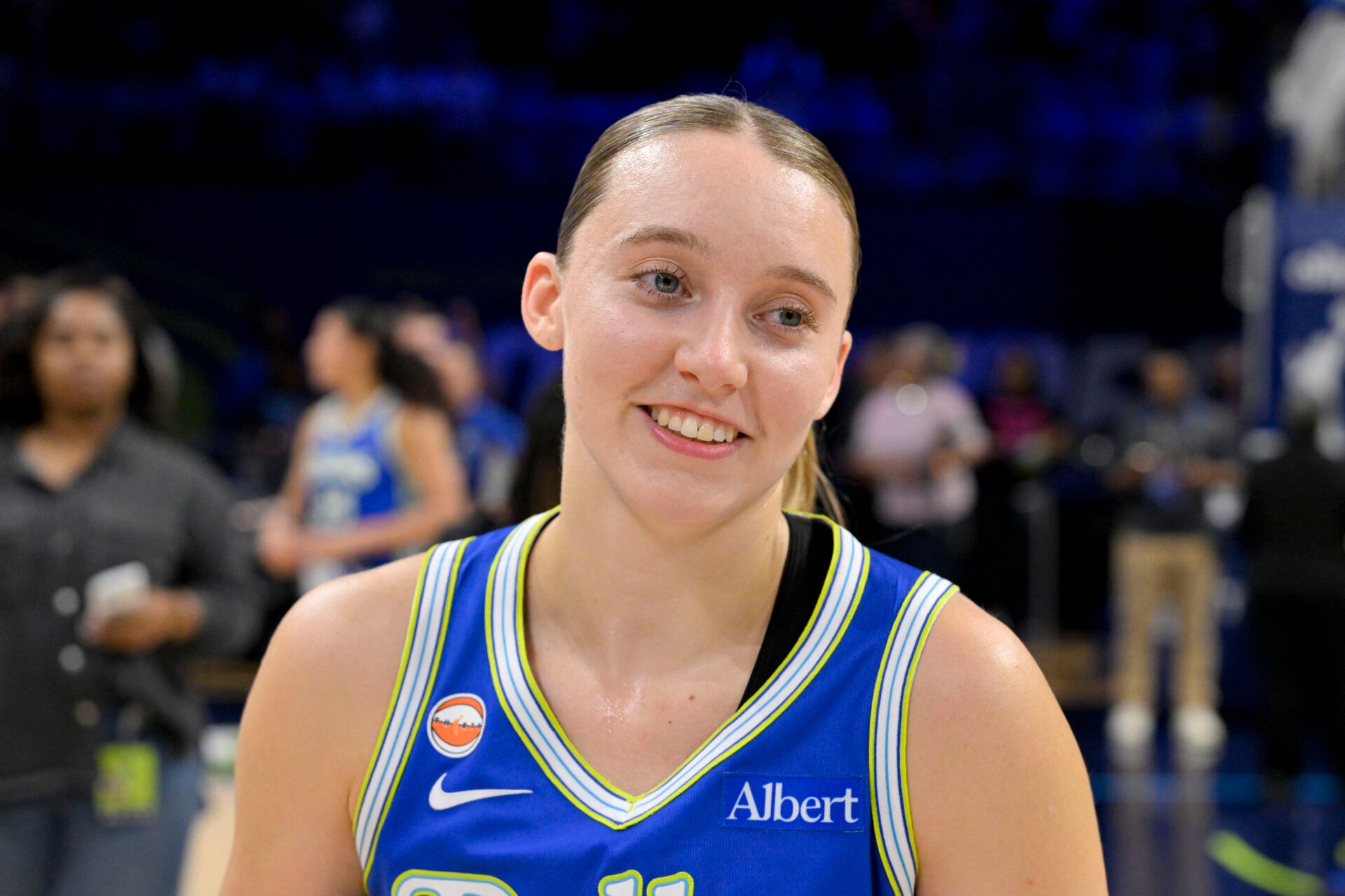 Dallas Wings guard Paige Bueckers (5) looks on after the win over the Las Vegas Aces at College Park Center.
