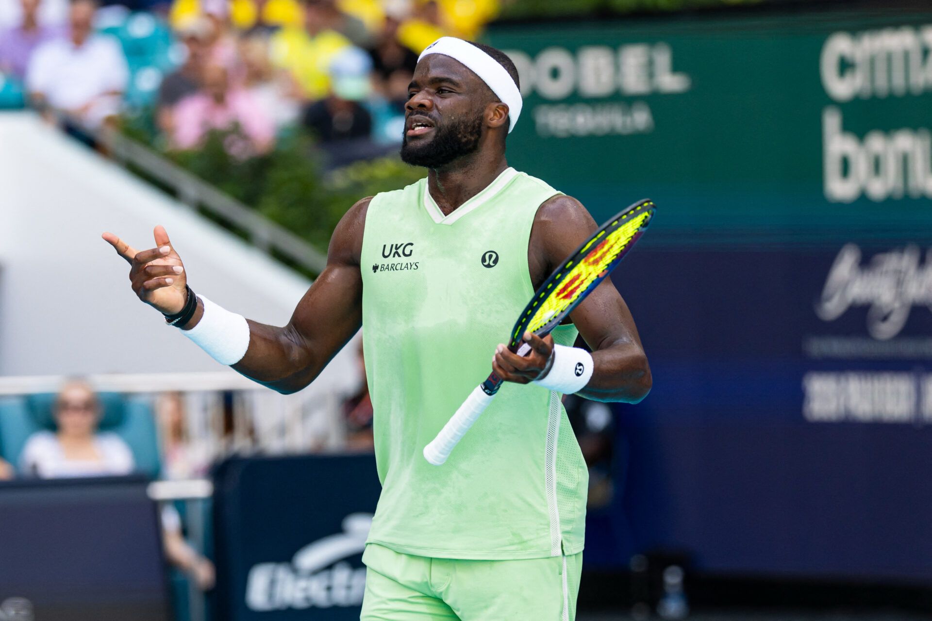 Frances Tiafoe of the United States reacts during his match against Jannik Sinner of Italy in the quarter finals of the menÕs singles at the Miami Open at Hard Rock Stadium.