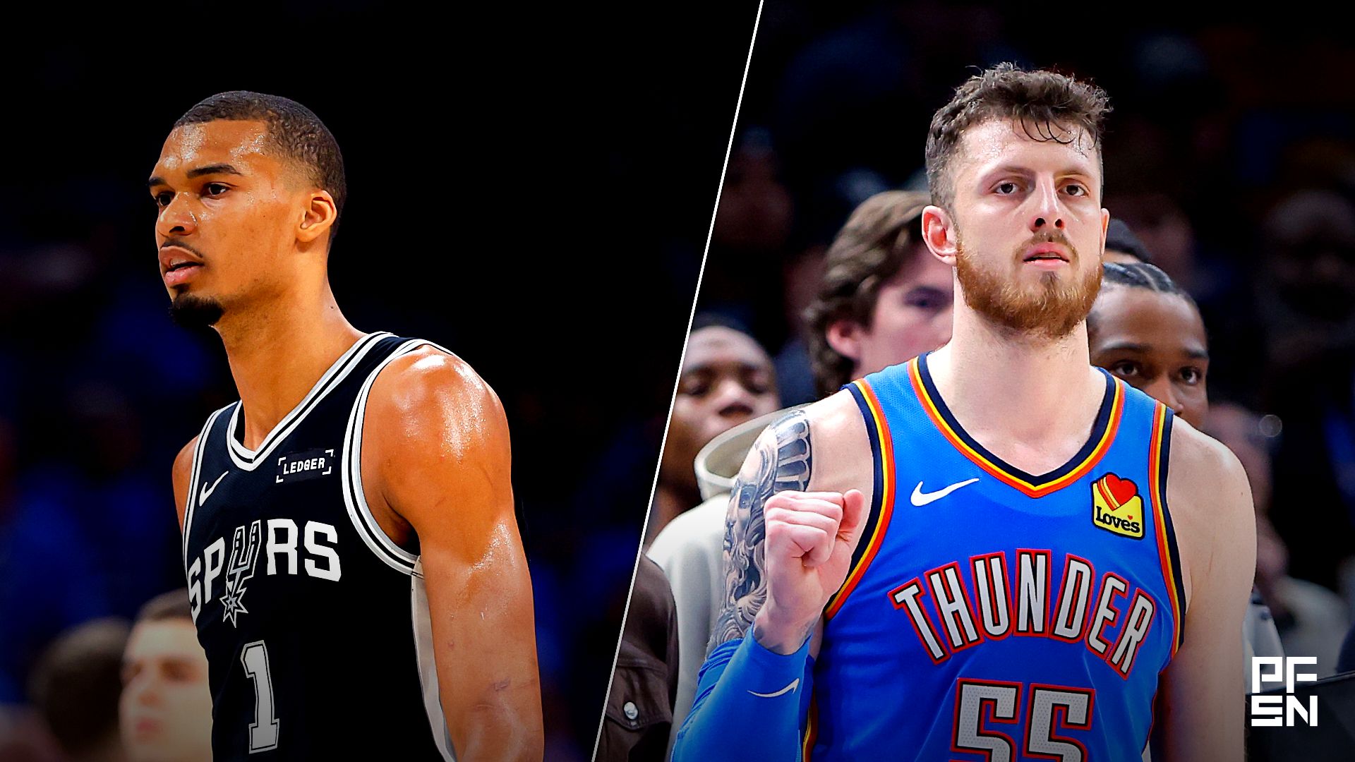 Collage featuring NBA: Playoffs-San Antonio Spurs at Oklahoma City Thunder and NBA: Cleveland Cavaliers at Oklahoma City Thunder.
Alonzo Adams-Imagn Images