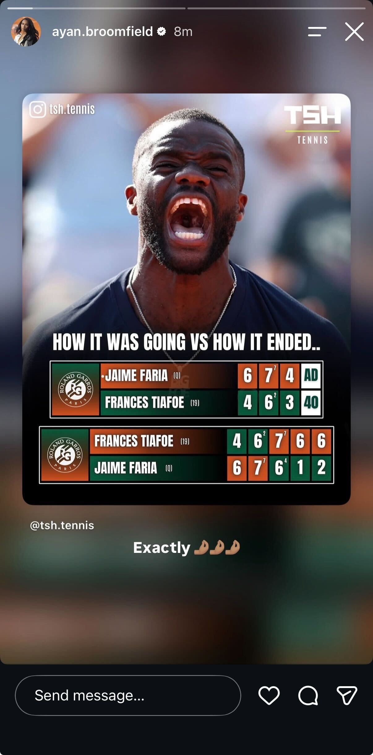 Frances Tiafoe's Girlfriend Ayan Broomfield's Instagram Story