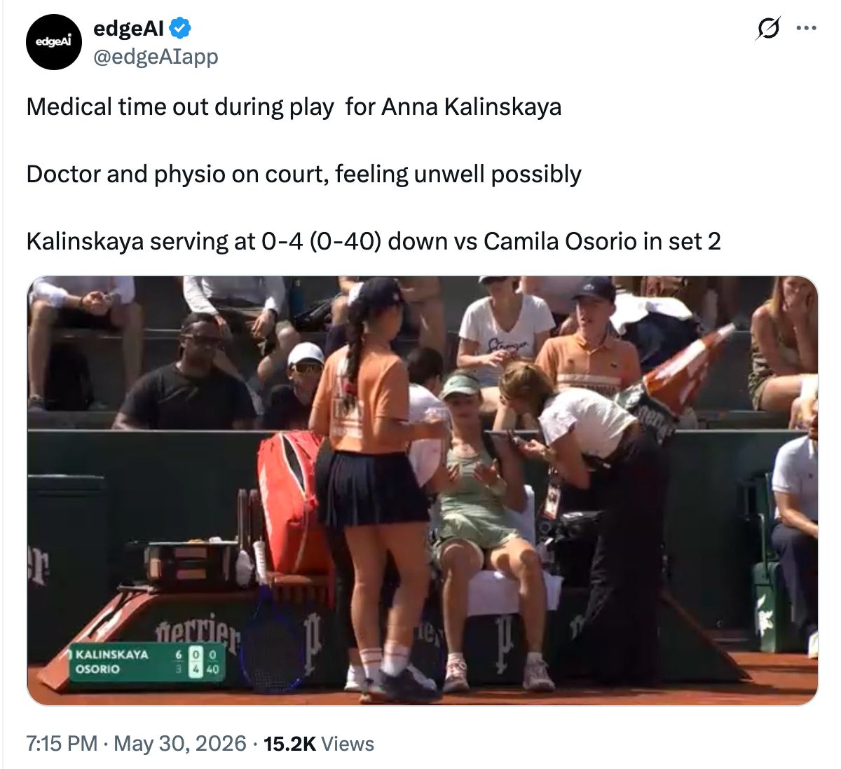 Anna Kalinskaya Receives a Medical Timeout at the French Open