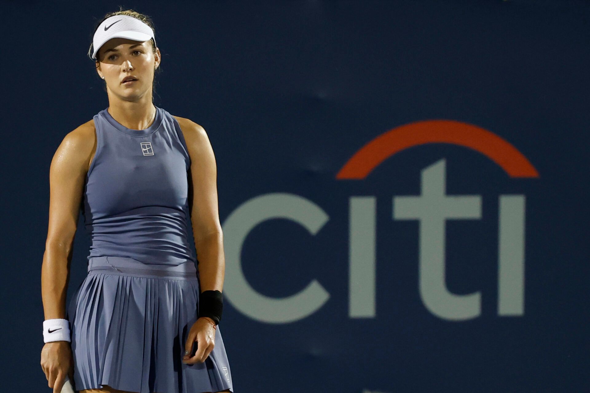 Anna Kalinskaya reacts after missing a shot against Clara Tauson (DEN)(not pictured) in a women's singles quarter final of the Mubadala Citi DC Open at Rock Creek Park Tennis Center.