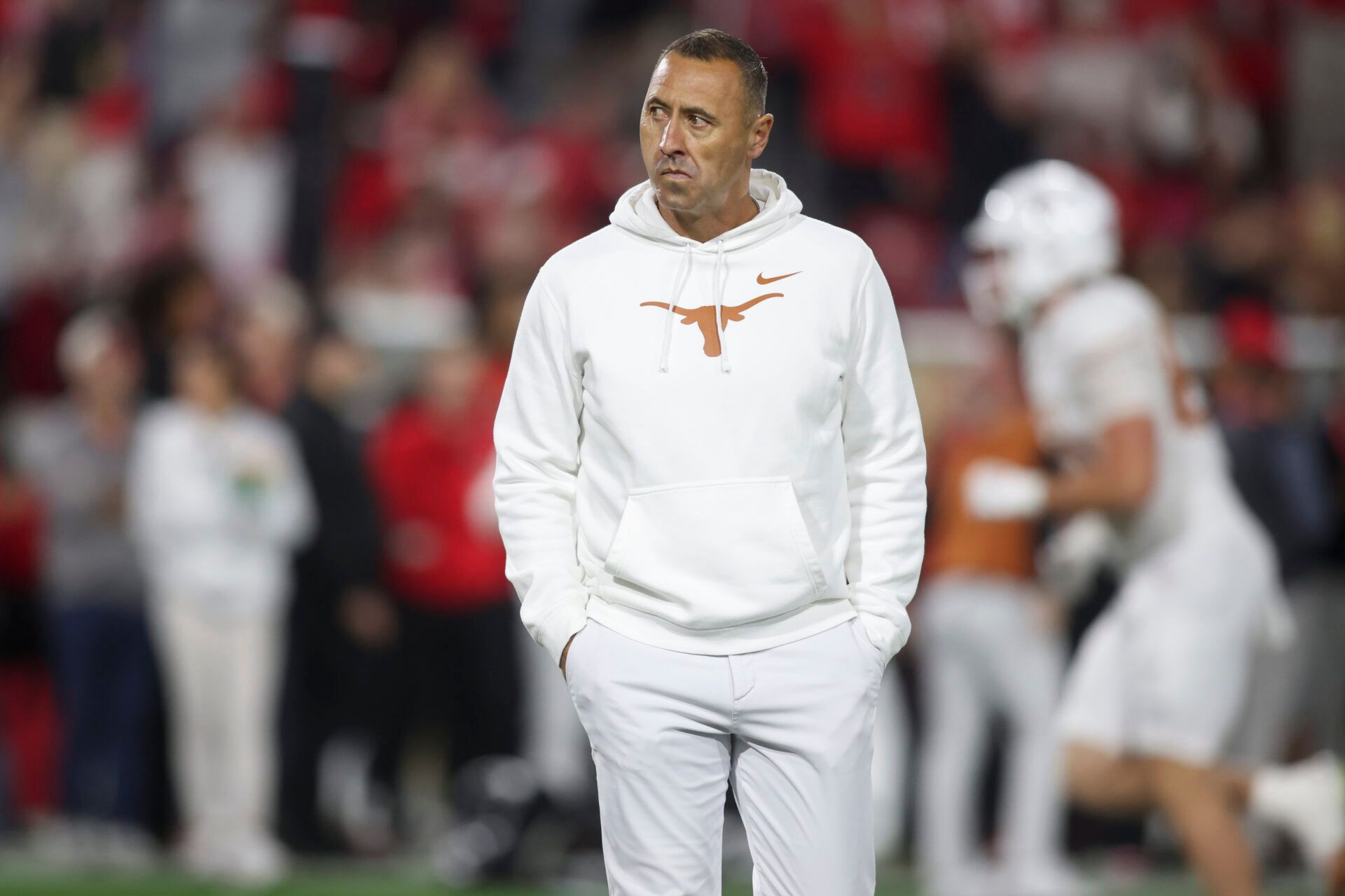 Texas Longhorns head coach Steve Sarkisian looks on prior to a game against the Georgia Bulldogs at Sanford Stadium.