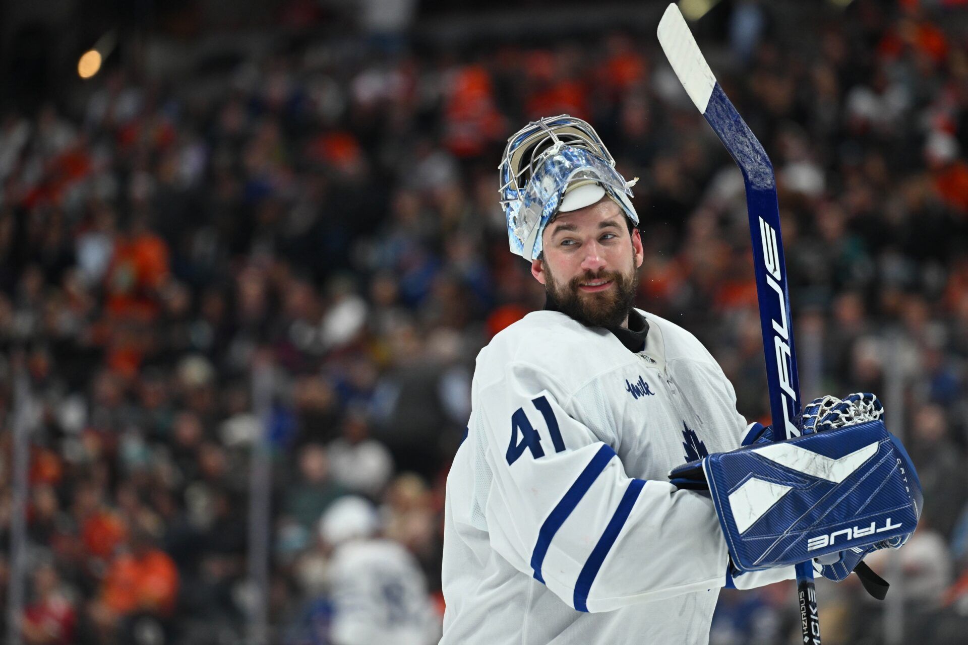 Toronto Maple Leafs goaltender Anthony Stolarz (41) smiles against the Anaheim Ducks during the second period at Honda Center.