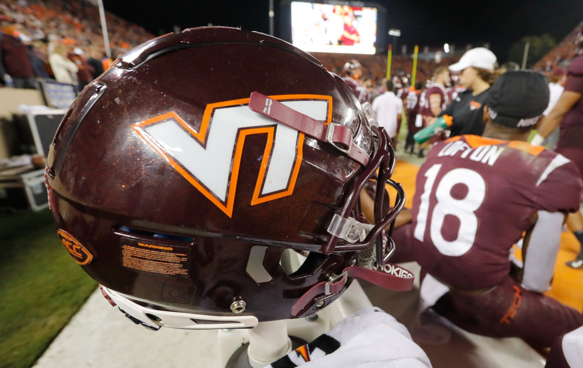 A Virginia Tech Hokies helmet on the bench during the second half against the Notre Dame Fighting Irish at Lane Stadium.