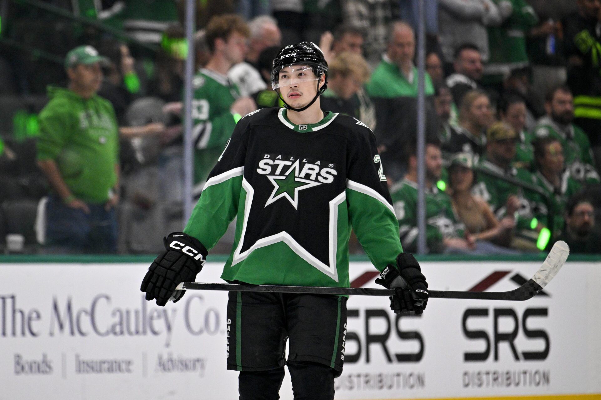 Dallas Stars left wing Jason Robertson (21) looks on during the third period against the Minnesota Wild in game five of the first round of the 2026 Stanley Cup Playoffs at American Airlines Center.