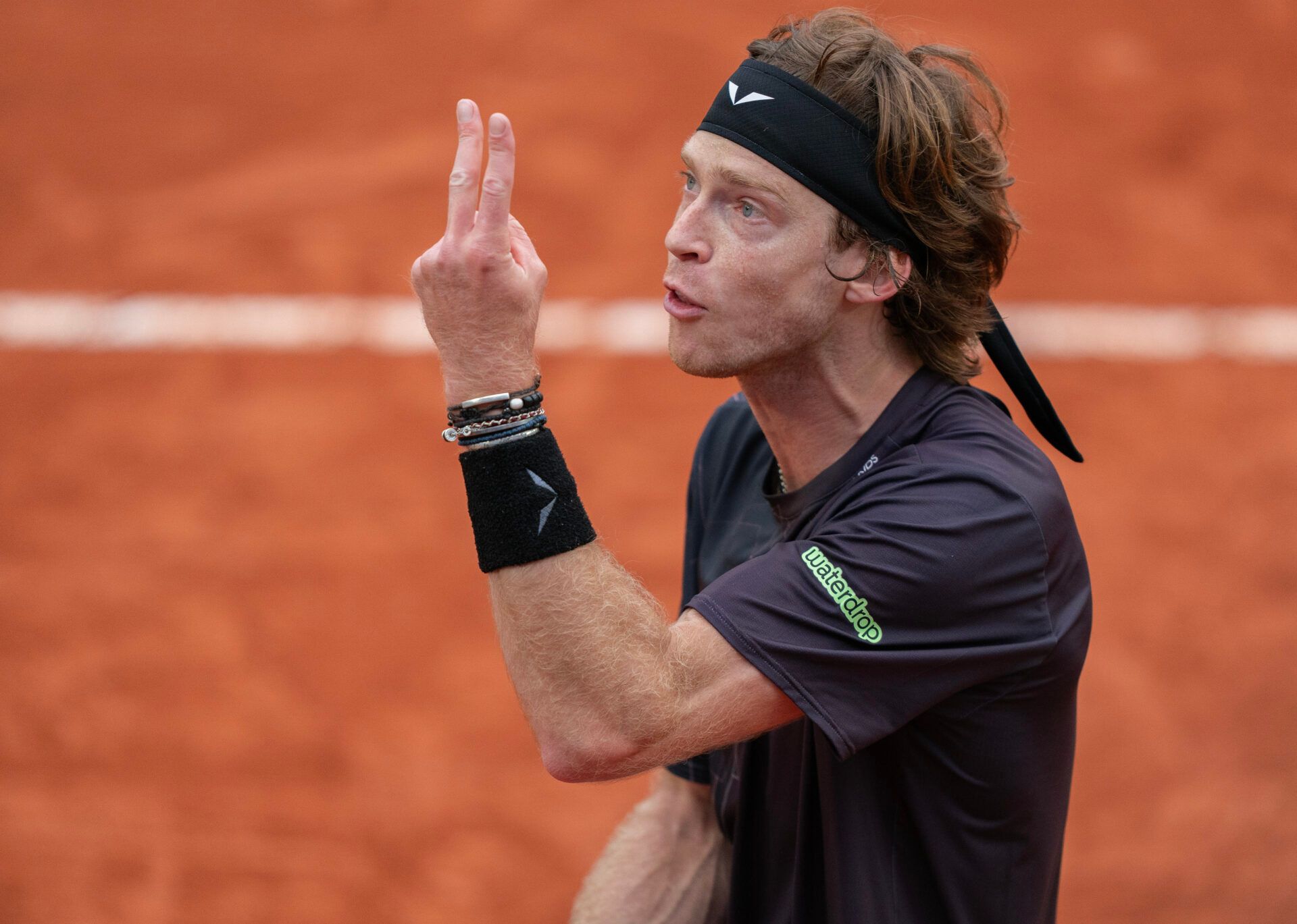 Andrey Rublev reacts to a point during his match against Matteo Arnaldi of Italy (not picture) on day six of Roland Garros at Stade Roland Garros.