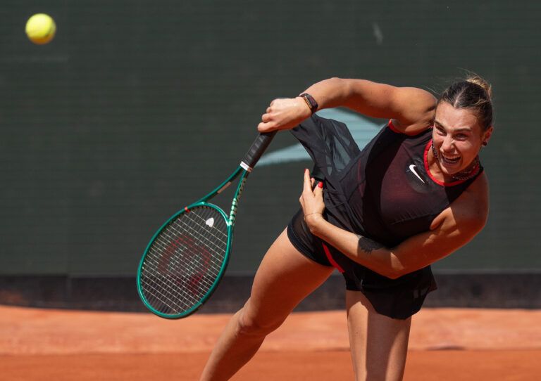 Aryna Sabalenka serves during her match against Daria Kasatkina of Australia on day seven at Stade Roland Garros.