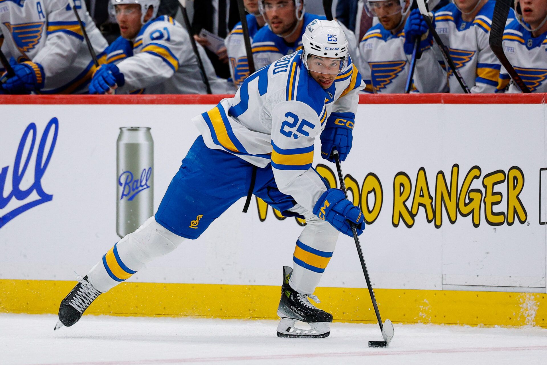 St. Louis Blues right wing Jordan Kyrou at Ball Arena.