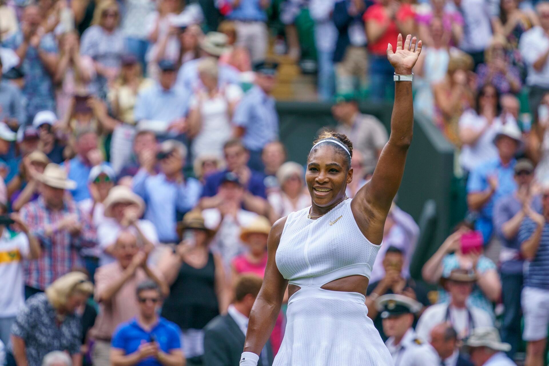Serena Williams (USA) celebrates match point during her against Alison Riske (USA) on day eight at the All England Lawn and Croquet Club.