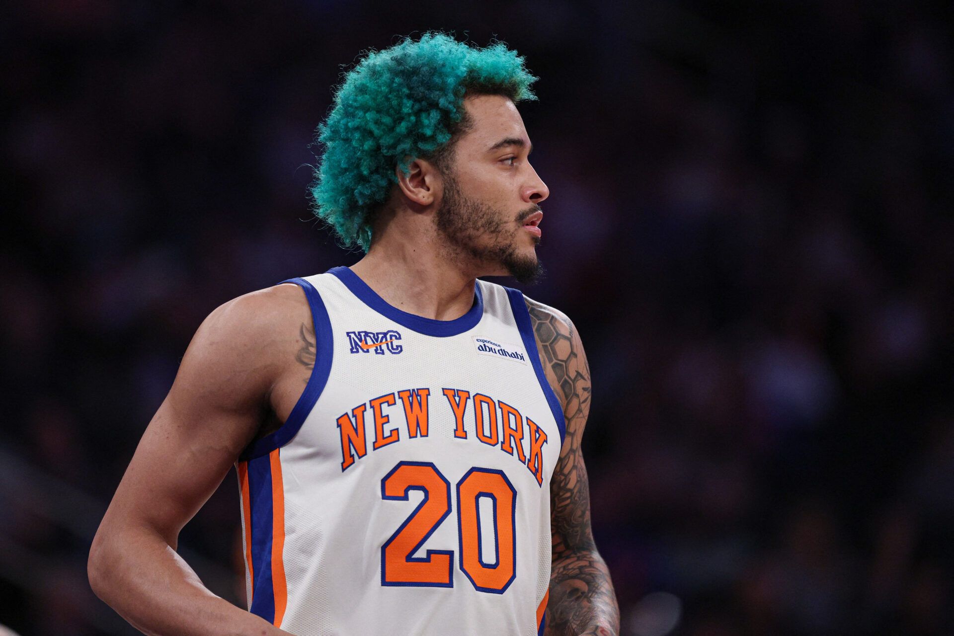 New York Knicks forward Jeremy Sochan (20) looks back during the second half against the Washington Wizards at Madison Square Garden.
