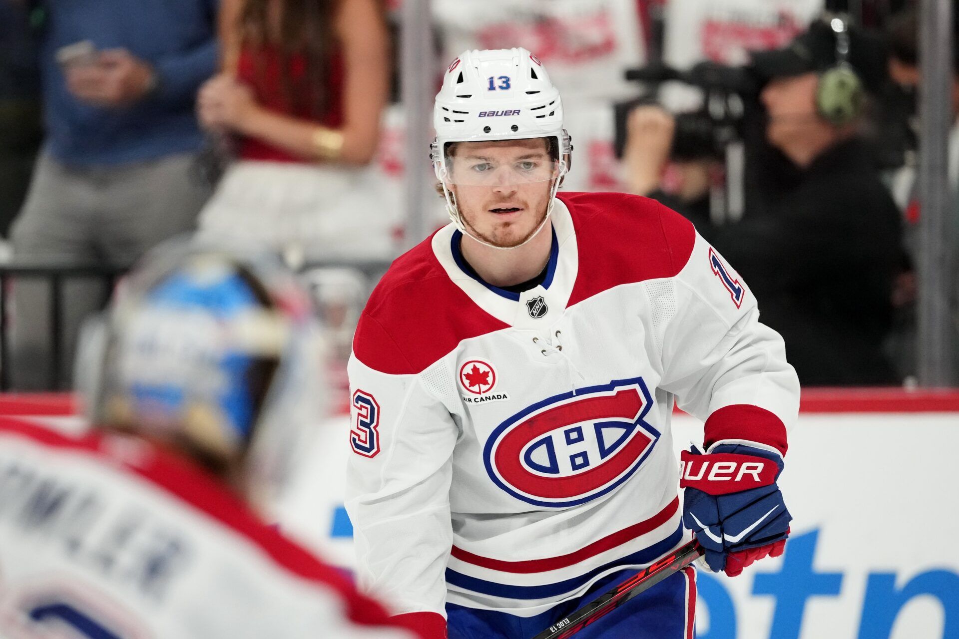 Montreal Canadiens right wing Cole Caufield (13) warms up before game five of the Eastern Conference Final of the 2026 Stanley Cup Playoffs against the Carolina Hurricanes at Lenovo Center.