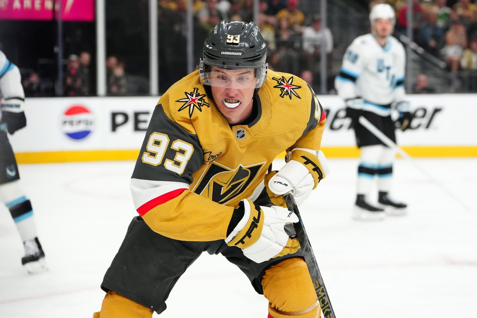 Vegas Golden Knights right wing Mitch Marner (93) skates against the Utah Mammoth during the first period of game one of the first round of the 2026 Stanley Cup Playoffs at T-Mobile Arena.