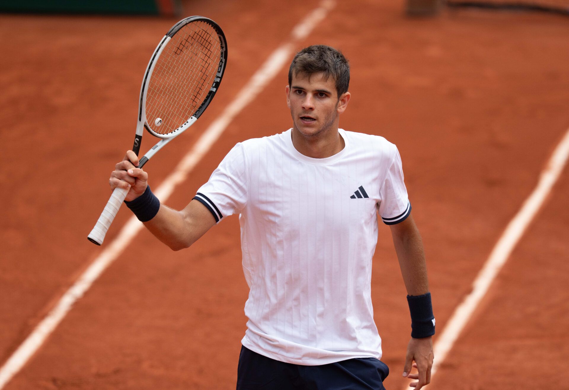 Rafael Jodar of Spain reacts during his match against Pablo Carrero Busta of Spain on day eight at Stade Roland Garros.